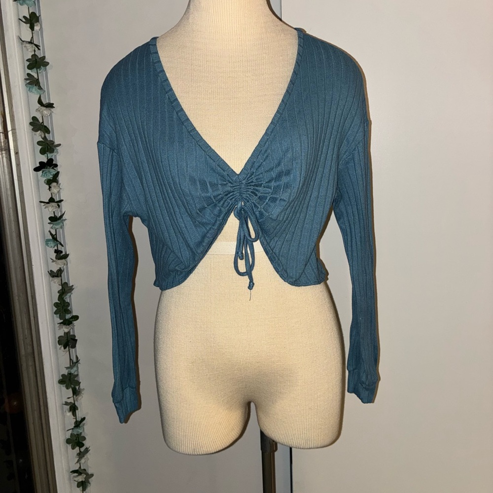 Blue Cropped Tie-Front Sweater